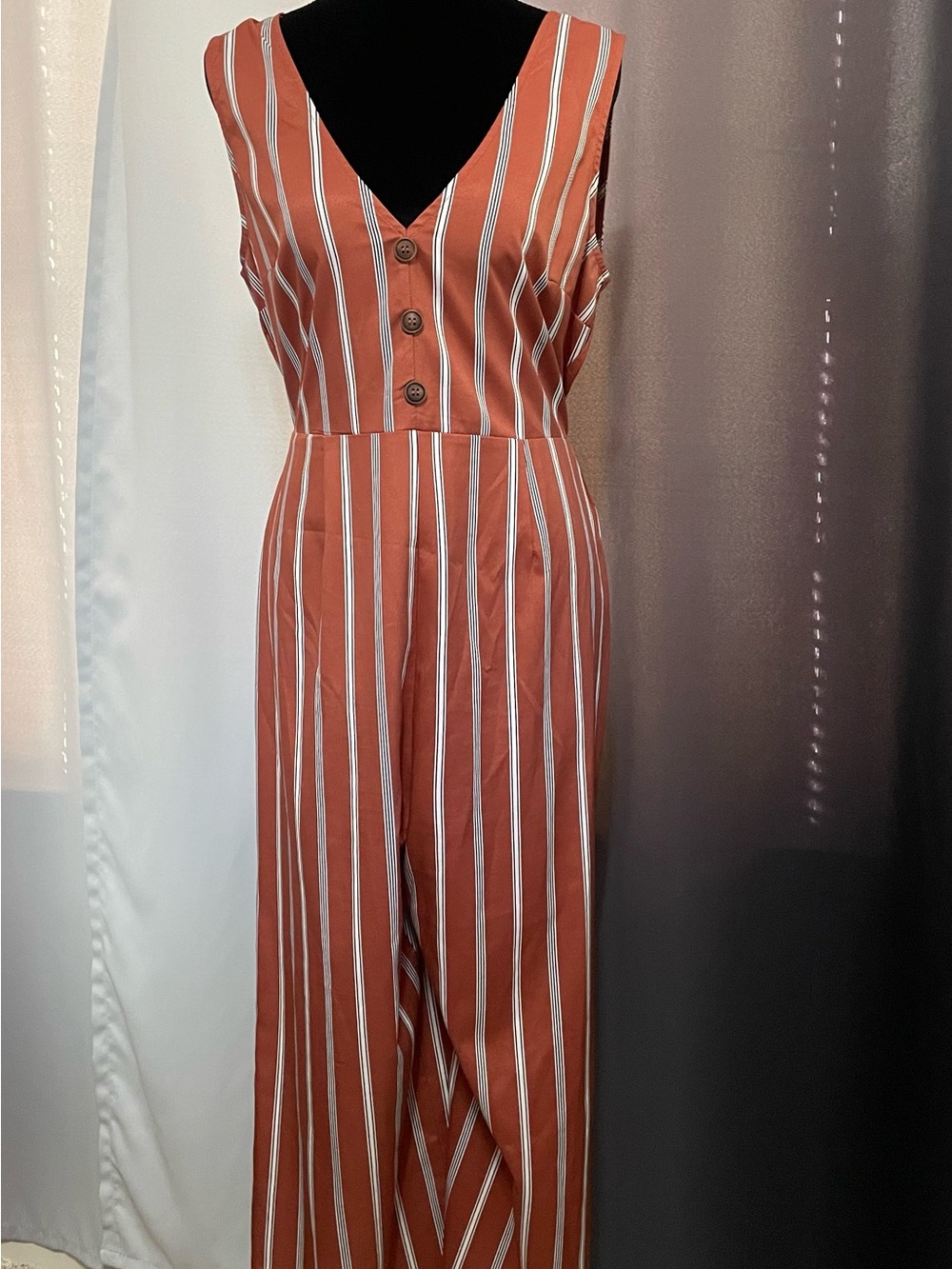Vine & Love Rust and White Striped V-Neck Maxi Jumpsuit